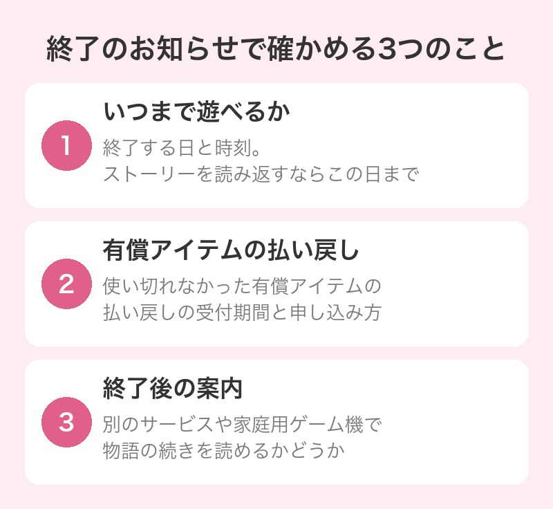 サービス終了のお知らせで確かめる3つのこと(終了日時・有償アイテムの払い戻し・終了後の案内)